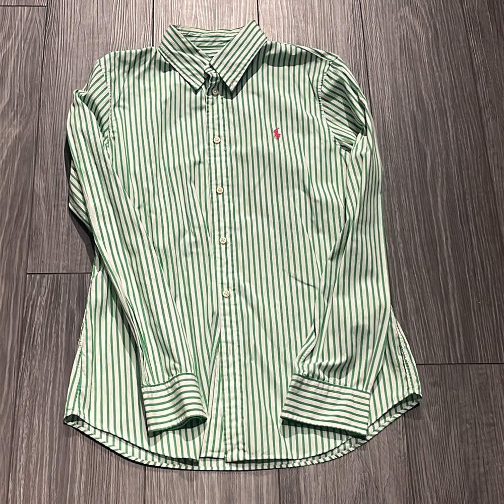 Ralph Lauren Custom Fit Green and White Button Down  Sz 12